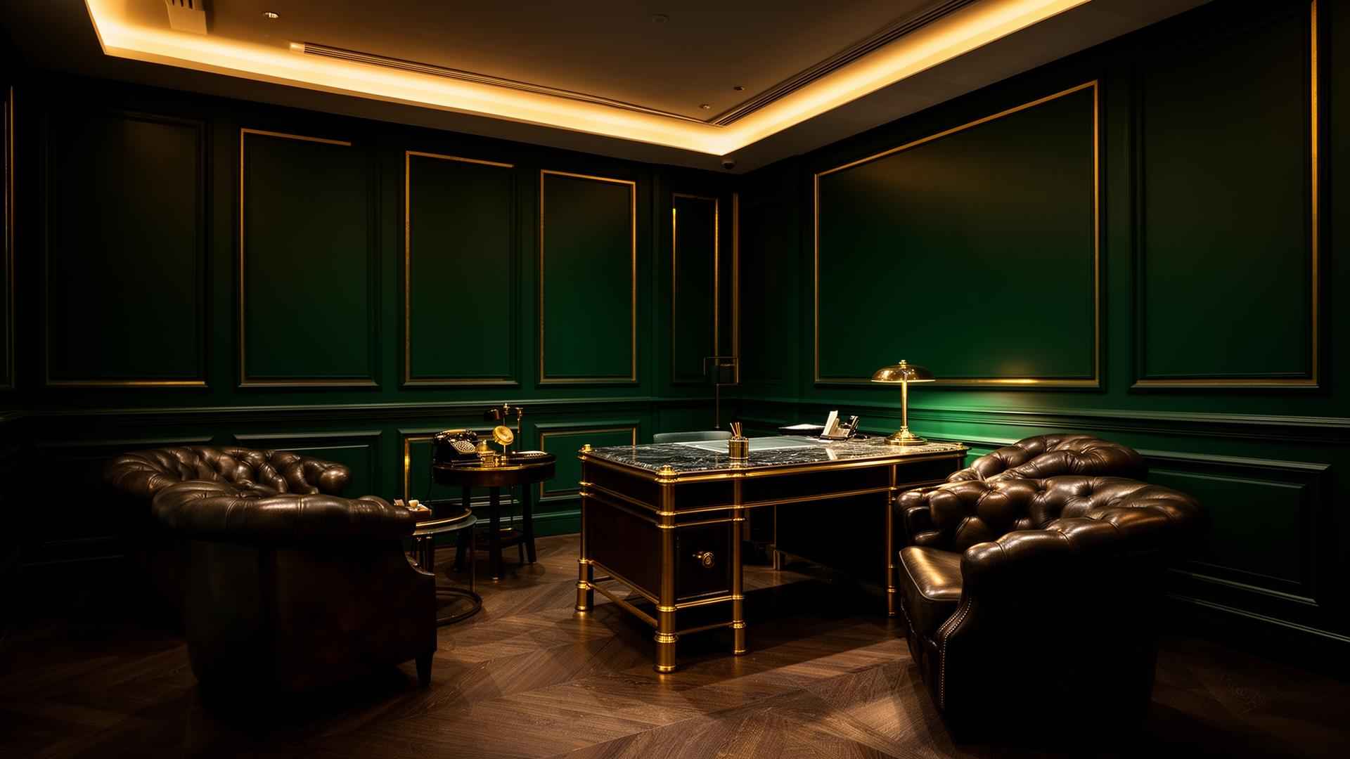 A stately executive office with deep green paneled walls, gold trim, a brass-trimmed desk, and tufted leather chairs